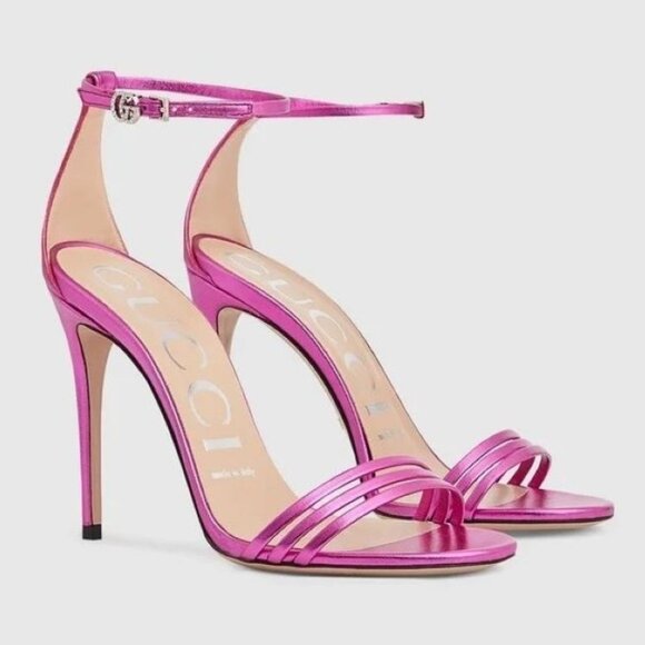NIB Gucci metallic fuchsia leather stiletto heel GG logo sandals IT 38 US 8 - Picture 1 of 8